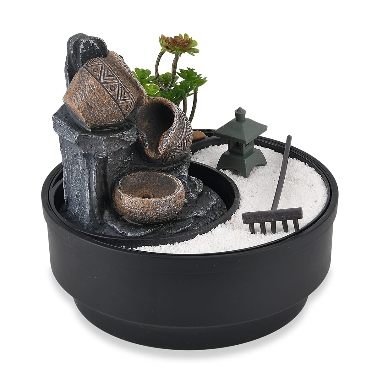 Cascading Pitcher Zen Garden USB Indoor Tabletop Water Fountain (21x21x20 cm) - Black