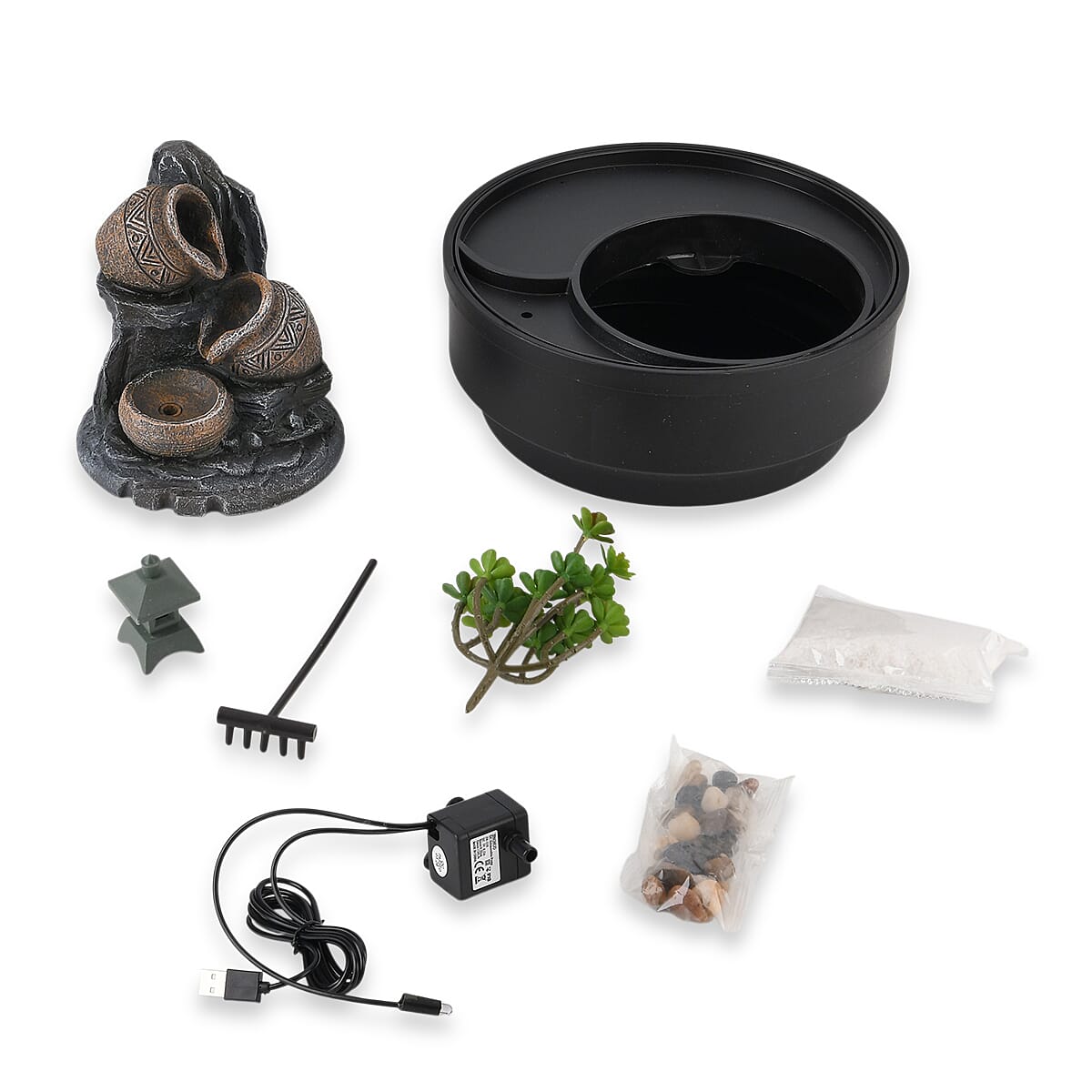 Cascading Pitcher Zen Garden USB Indoor Tabletop Water Fountain (21x21x20 cm) - Black