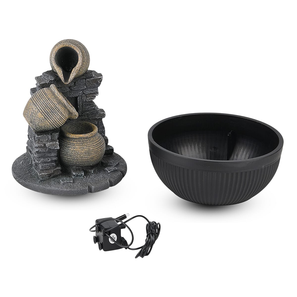 Cascading Jug and Stone Wall USB Indoor Tabletop Water Fountain (21x21x27 cm) - Black
