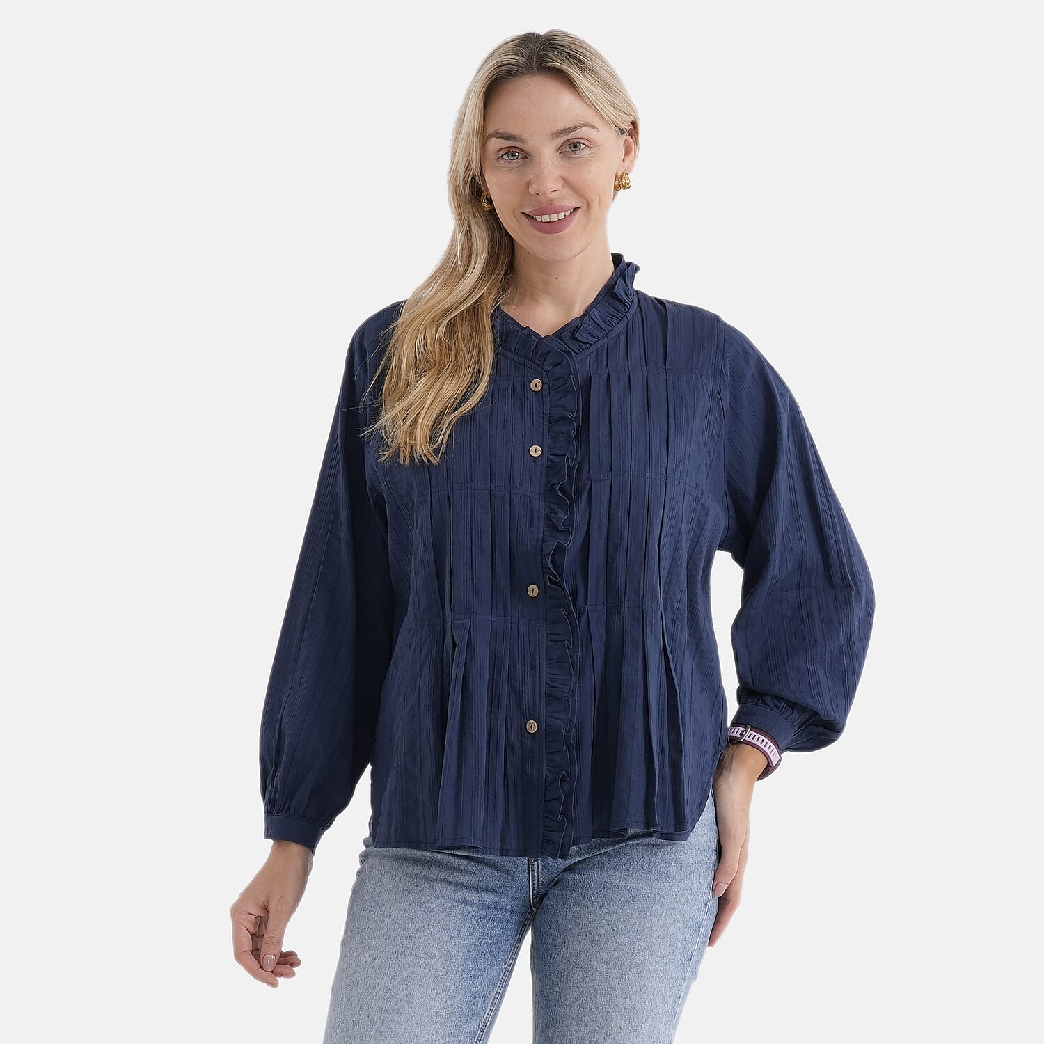 La Marey 100% Cotton Button-Down Ruffle Collar Blouse (Size 16 to 18) - Navy Blue
