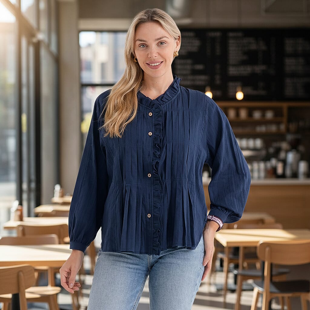 La Marey 100% Cotton Button-Down Ruffle Collar Blouse (Size 16 to 18) - Navy Blue