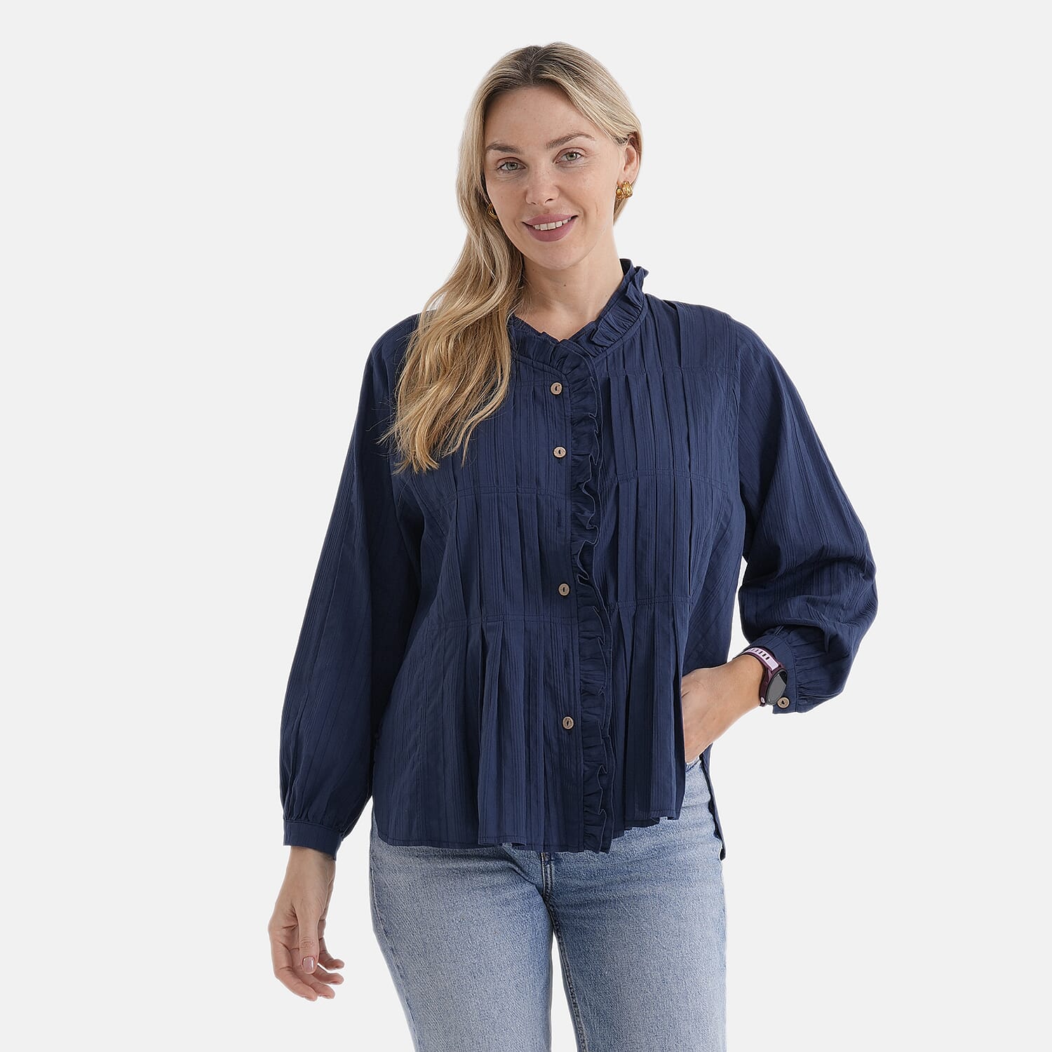 La Marey 100% Cotton Button-Down Ruffle Collar Blouse (Size 20 to 22) -  Navy Blue