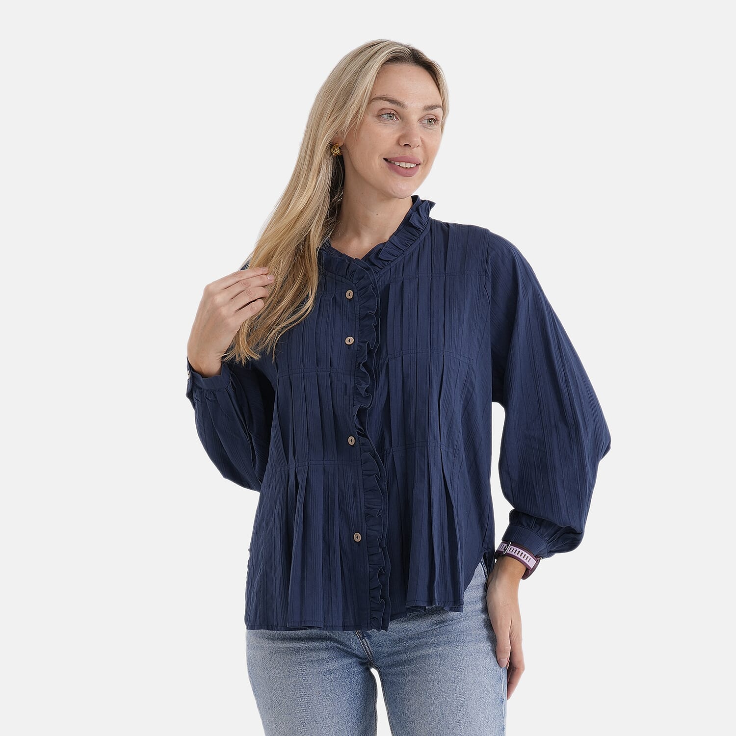 La Marey 100% Cotton Button-Down Ruffle Collar Blouse (Size 20 to 22) -  Navy Blue