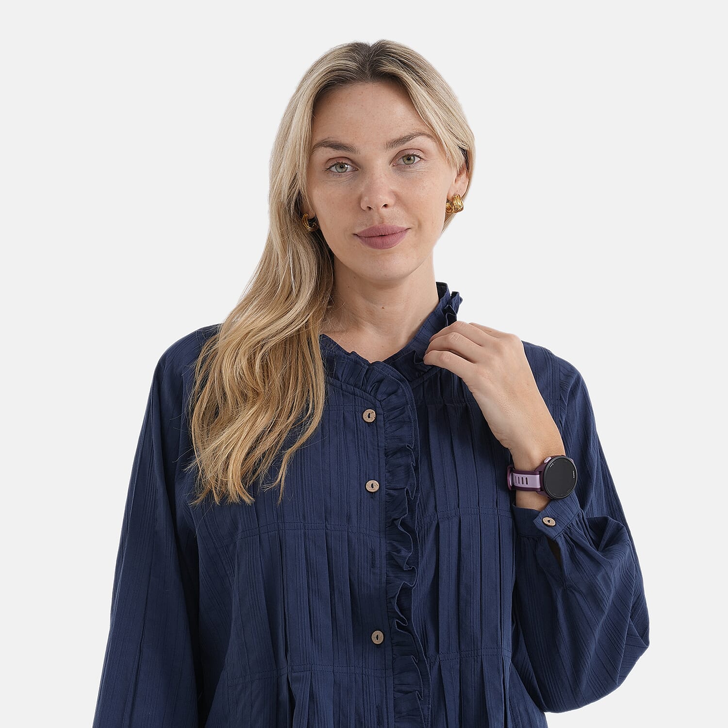 La Marey 100% Cotton Button-Down Ruffle Collar Blouse (Size 20 to 22) -  Navy Blue