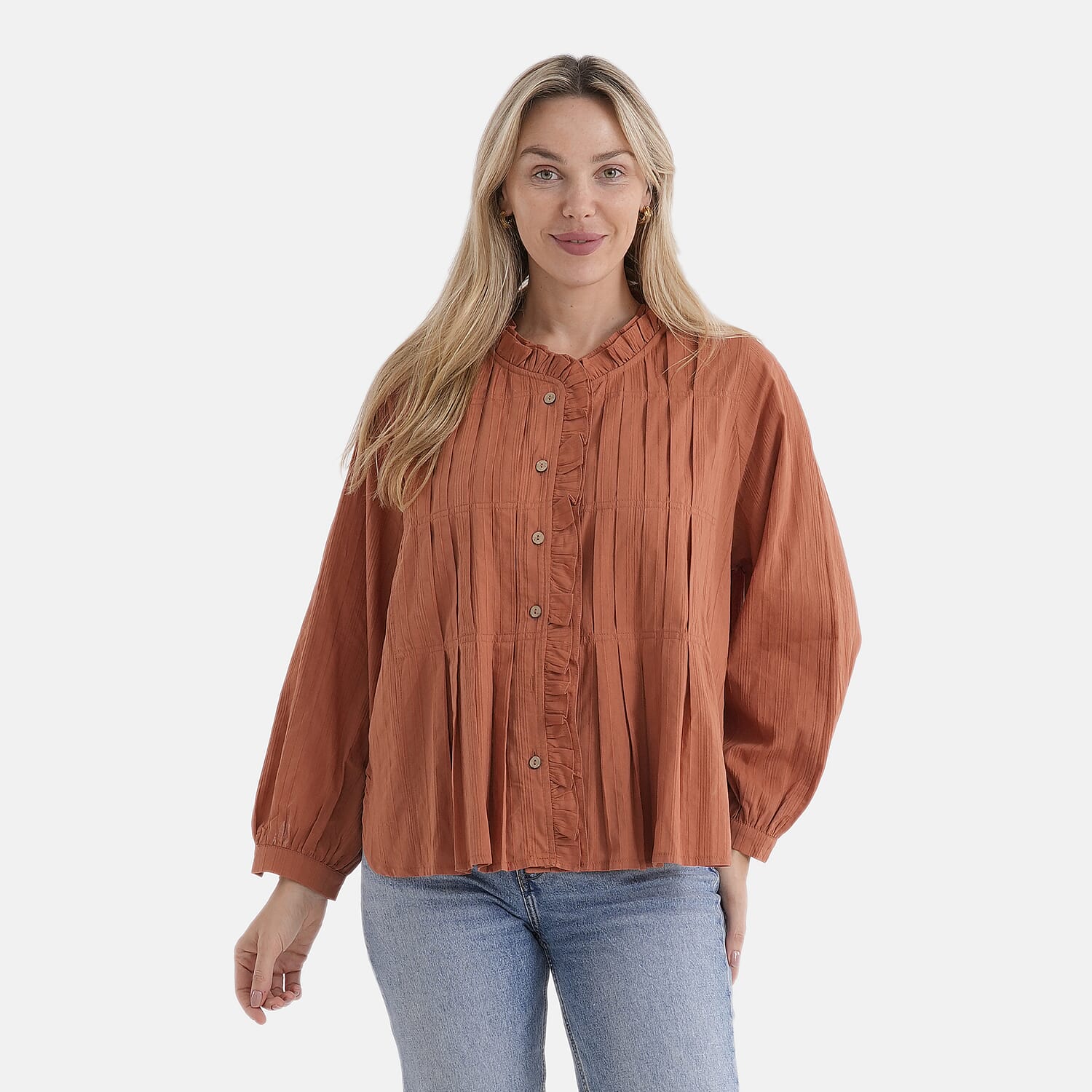 La Marey 100% Cotton Button-Down Ruffle Collar Blouse 