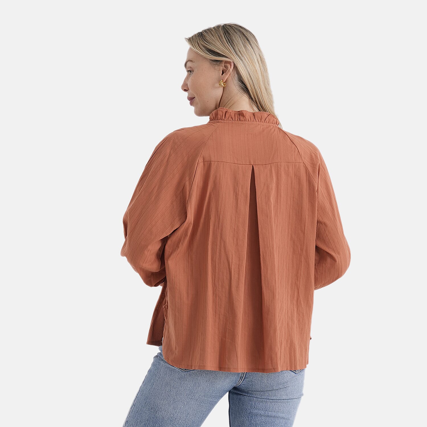 La Marey 100% Cotton Button-Down Ruffle Collar Blouse 