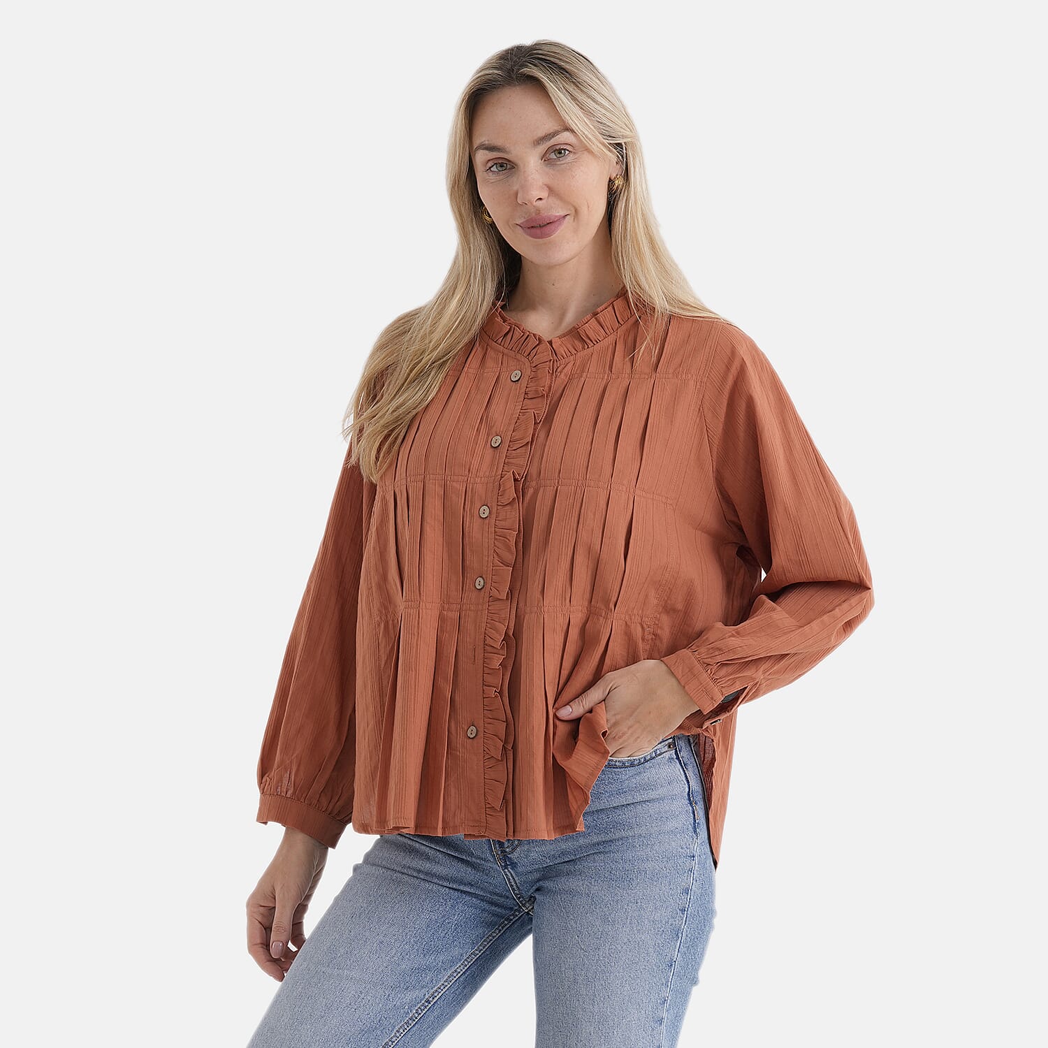 La Marey 100% Cotton Button-Down Ruffle Collar Blouse 
