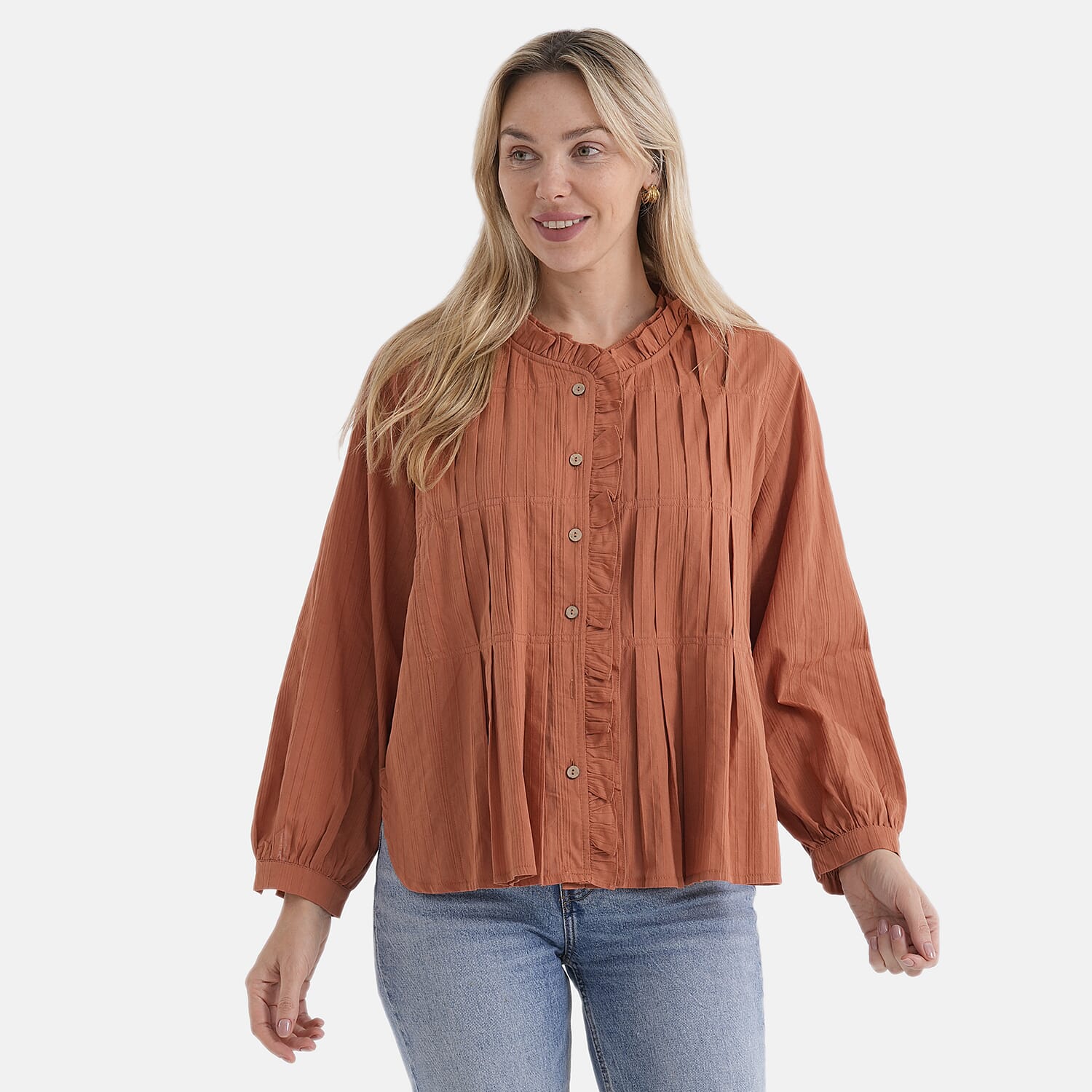 La Marey 100% Cotton Button-Down Ruffle Collar Blouse 