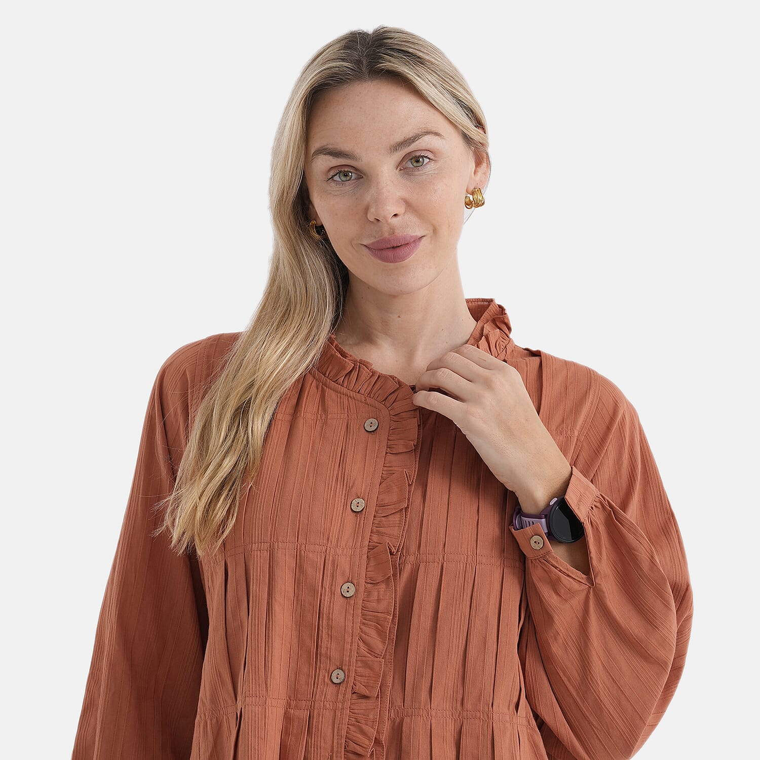 La Marey 100% Cotton Button-Down Ruffle Collar Blouse 