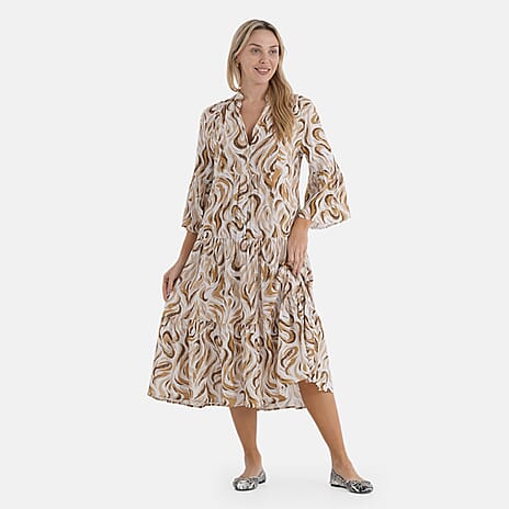 - Maisi V-Neck Printed Tiered Boho Midi Dress (Size M) - Yellow