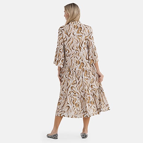 - Maisi V-Neck Printed Tiered Boho Midi Dress (Size M) - Yellow