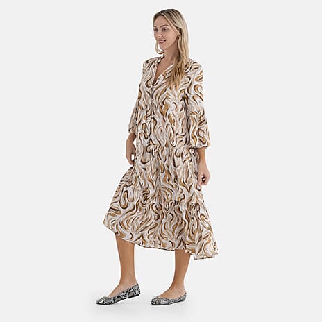 - Maisi V-Neck Printed Tiered Boho Midi Dress (Size M) - Yellow