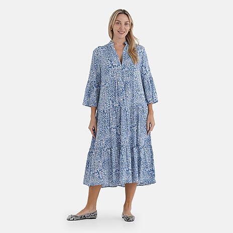 - Maisi V-Neck Printed Tiered Boho Midi Dress (Size L) - Blue