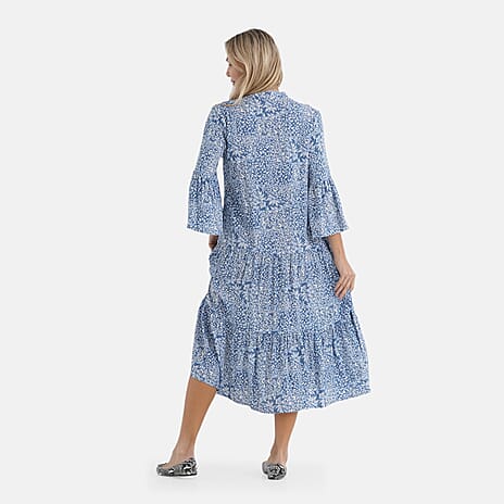 - Maisi V-Neck Printed Tiered Boho Midi Dress (Size L) - Blue