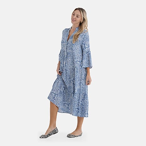 - Maisi V-Neck Printed Tiered Boho Midi Dress (Size L) - Blue