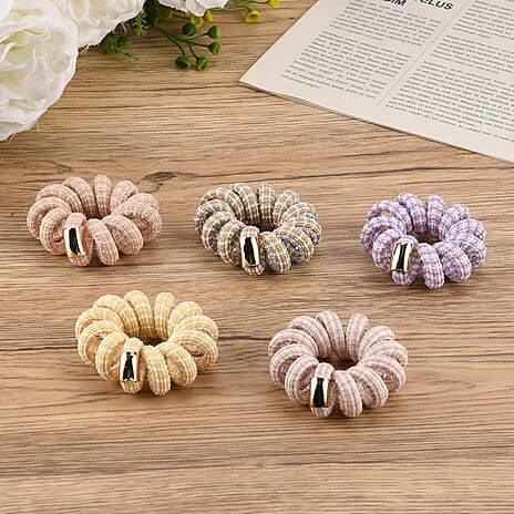 5-Pack Plaid Spiral Hair Ties - Pastel Colours - Tweed