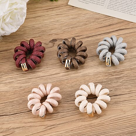 5-Pack Plaid Spiral Hair Ties - Multi Colour - Pearly