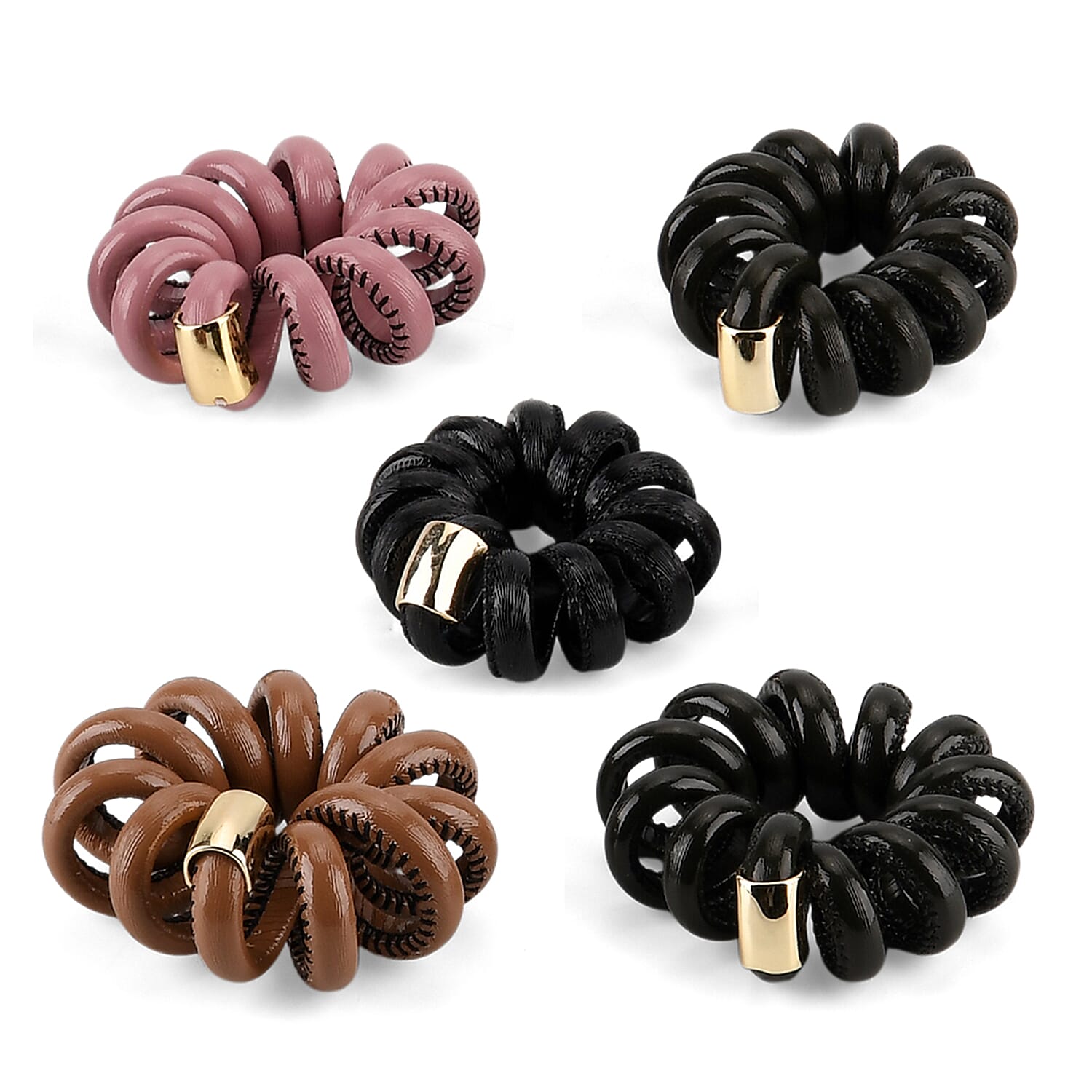 5-Pack Plaid Spiral Printed Hair Ties - Pink, Coffee, Dark Green, Olive and Black