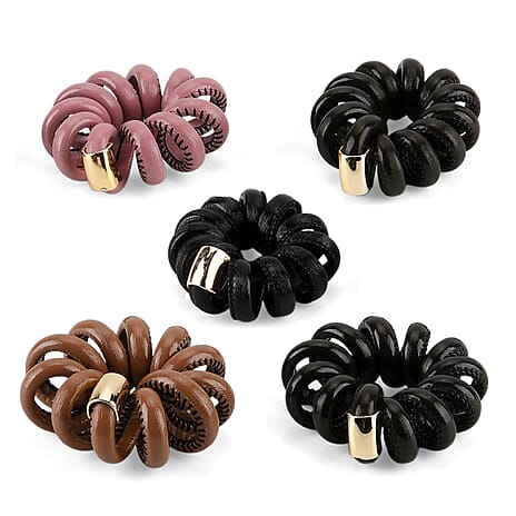 5-Pack Plaid Spiral Printed Hair Ties - Pink, Coffee, Dark Green, Olive and Black