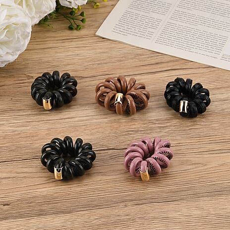 5-Pack Plaid Spiral Printed Hair Ties - Pink, Coffee, Dark Green, Olive and Black - Leatherette
