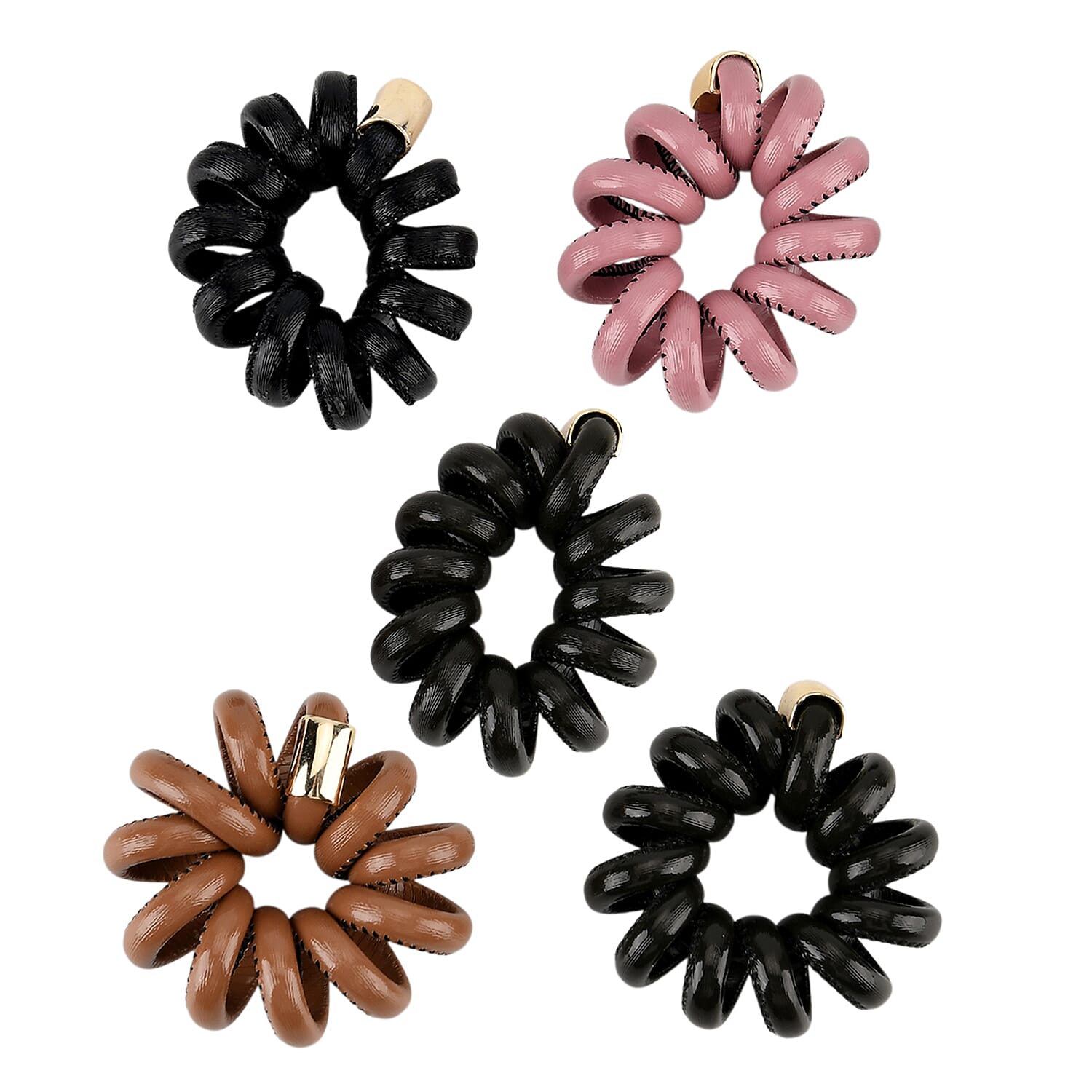 5-Pack Plaid Spiral Printed Hair Ties - Pink, Coffee, Dark Green, Olive and Black