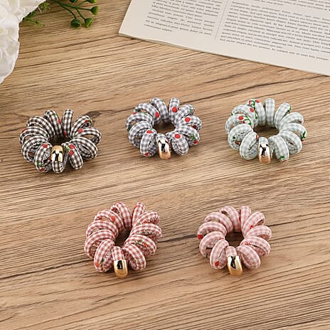 5-Pack Plaid Spiral Printed Hair Ties - Pastel Colours - Cherry