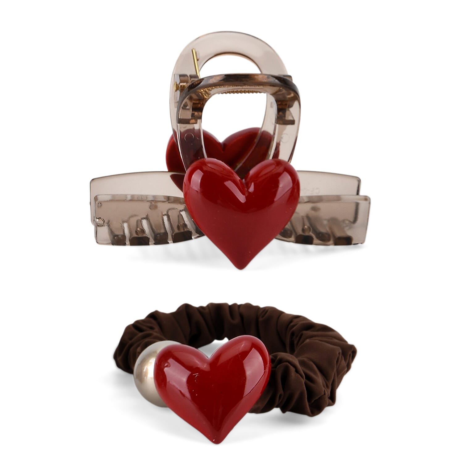 2-Piece Hair Tie Set - Red Heart Hair Claw & Pearl Accent Scrunchie - Brown