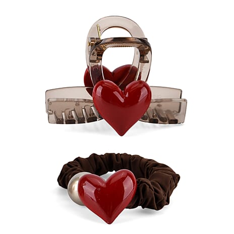 2-Piece Hair Tie Set - Red Heart Hair Claw & Pearl Accent Scrunchie - Brown