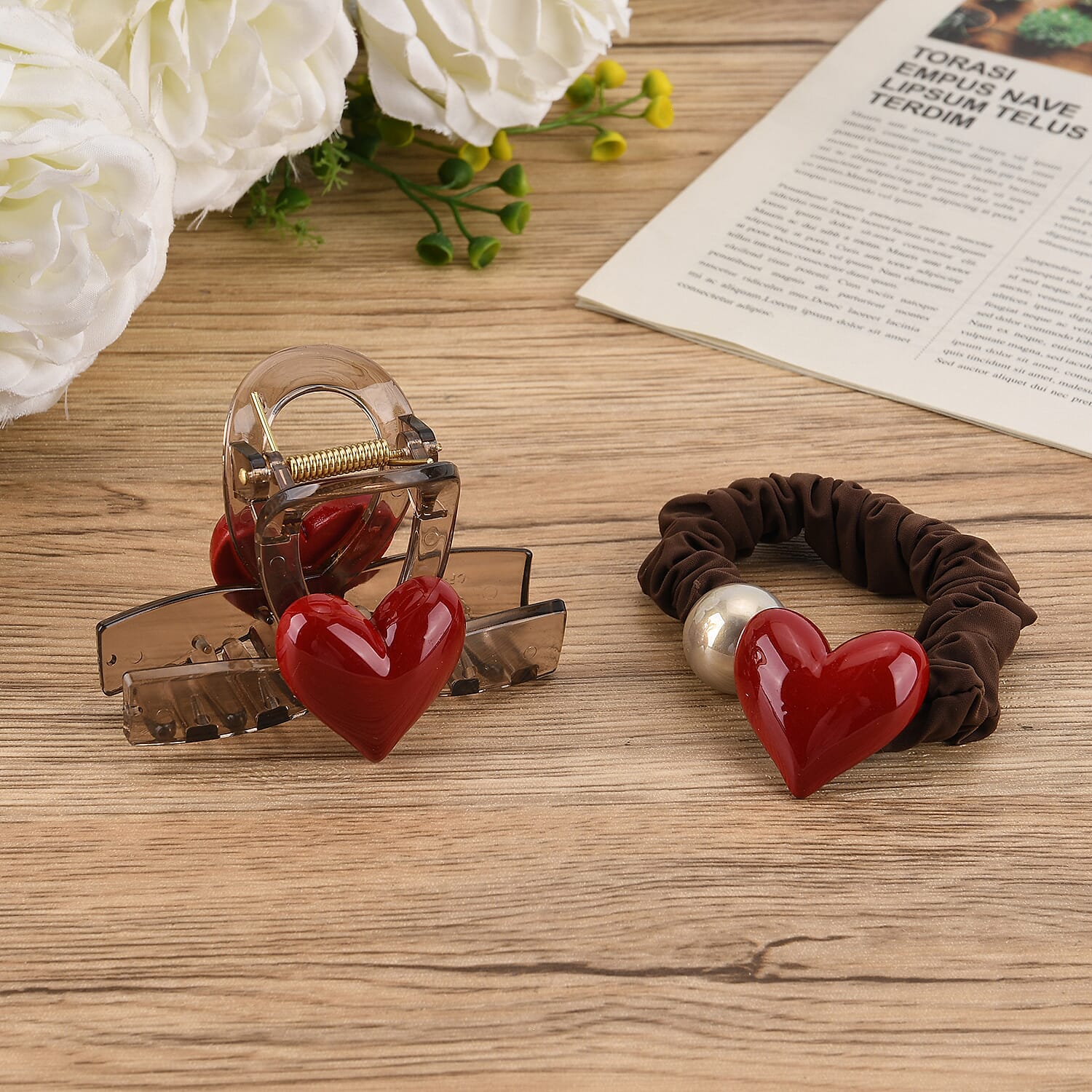 2-Piece Hair Tie Set - Red Heart Hair Claw & Pearl Accent Scrunchie - Brown