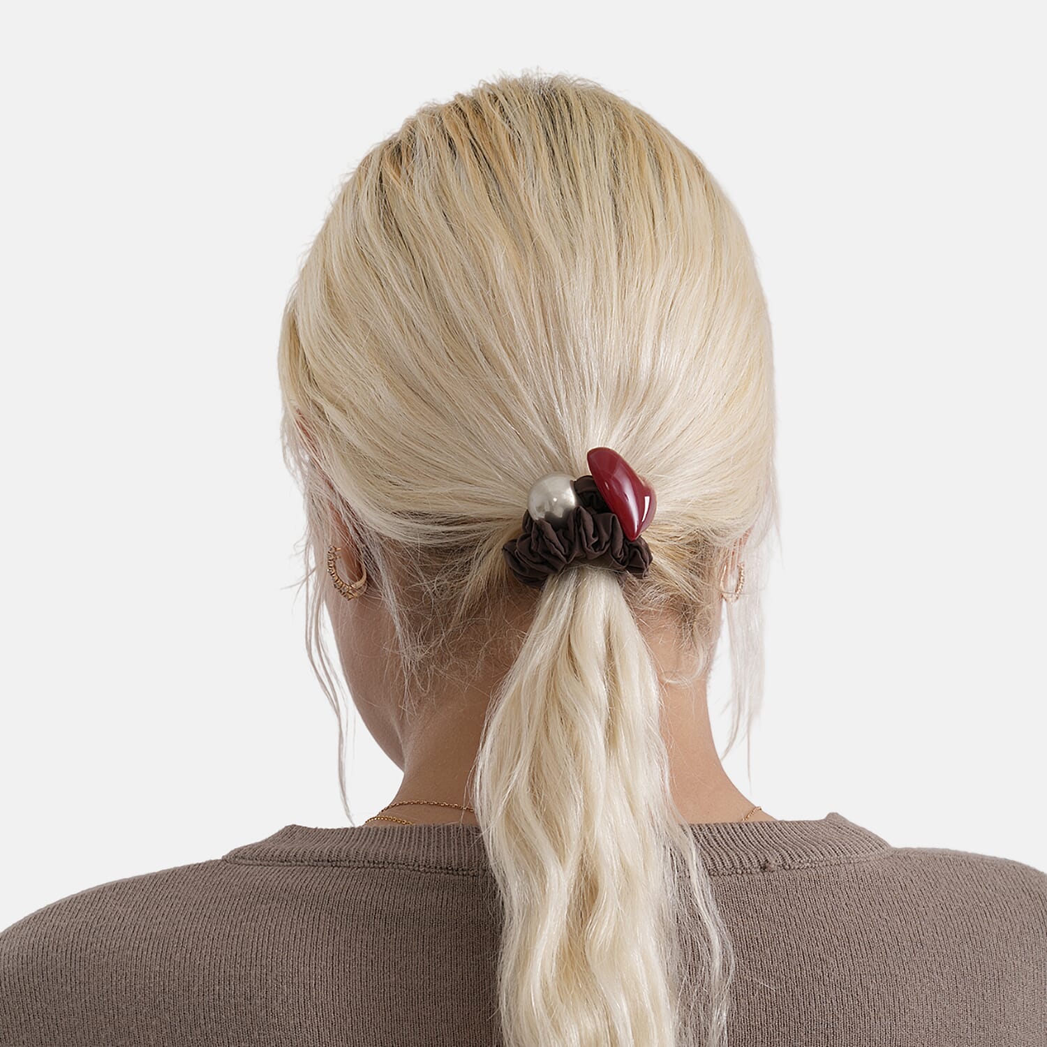 2-Piece Hair Tie Set - Red Heart Hair Claw & Pearl Accent Scrunchie - Brown