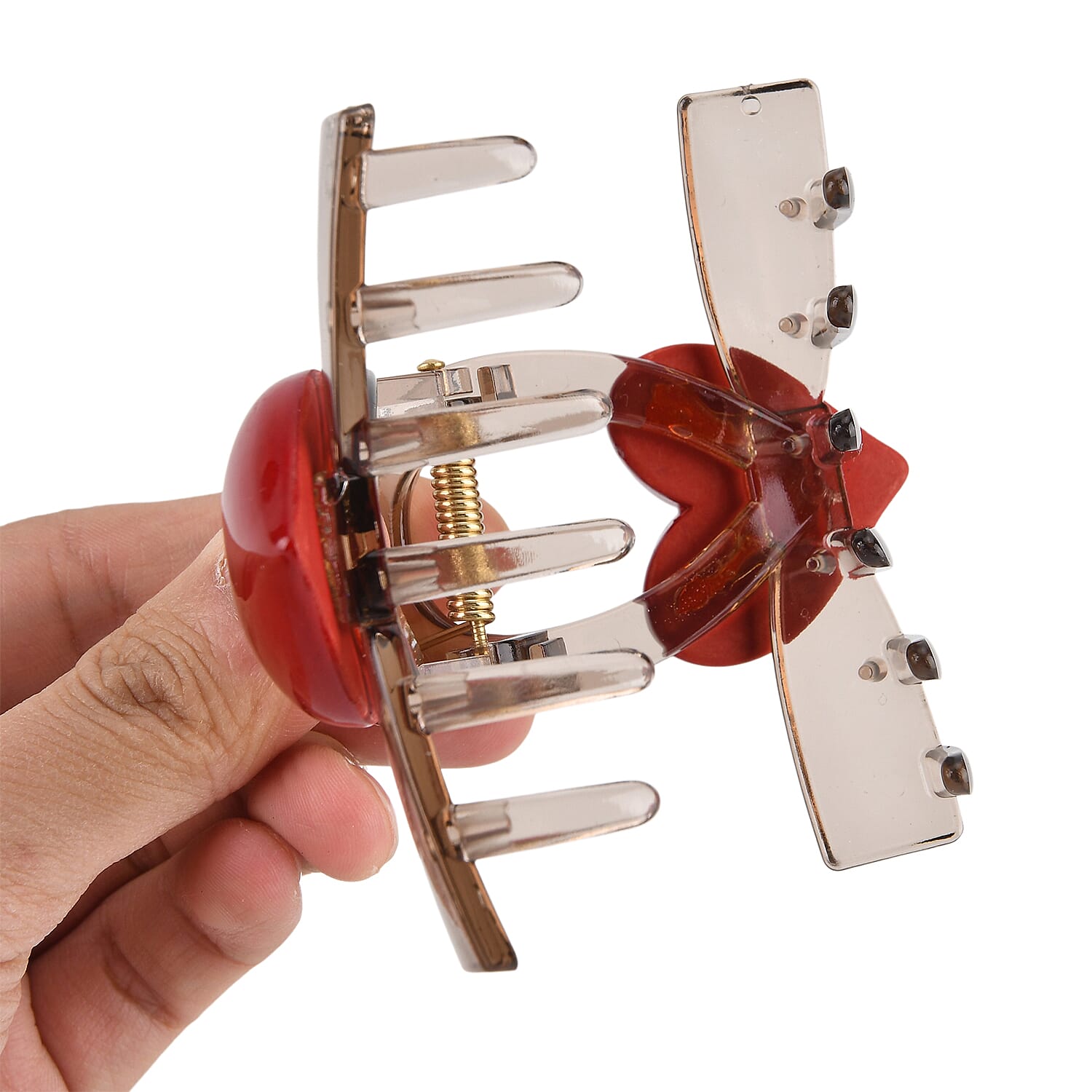 2-Piece Hair Tie Set - Red Heart Hair Claw & Pearl Accent Scrunchie - Brown