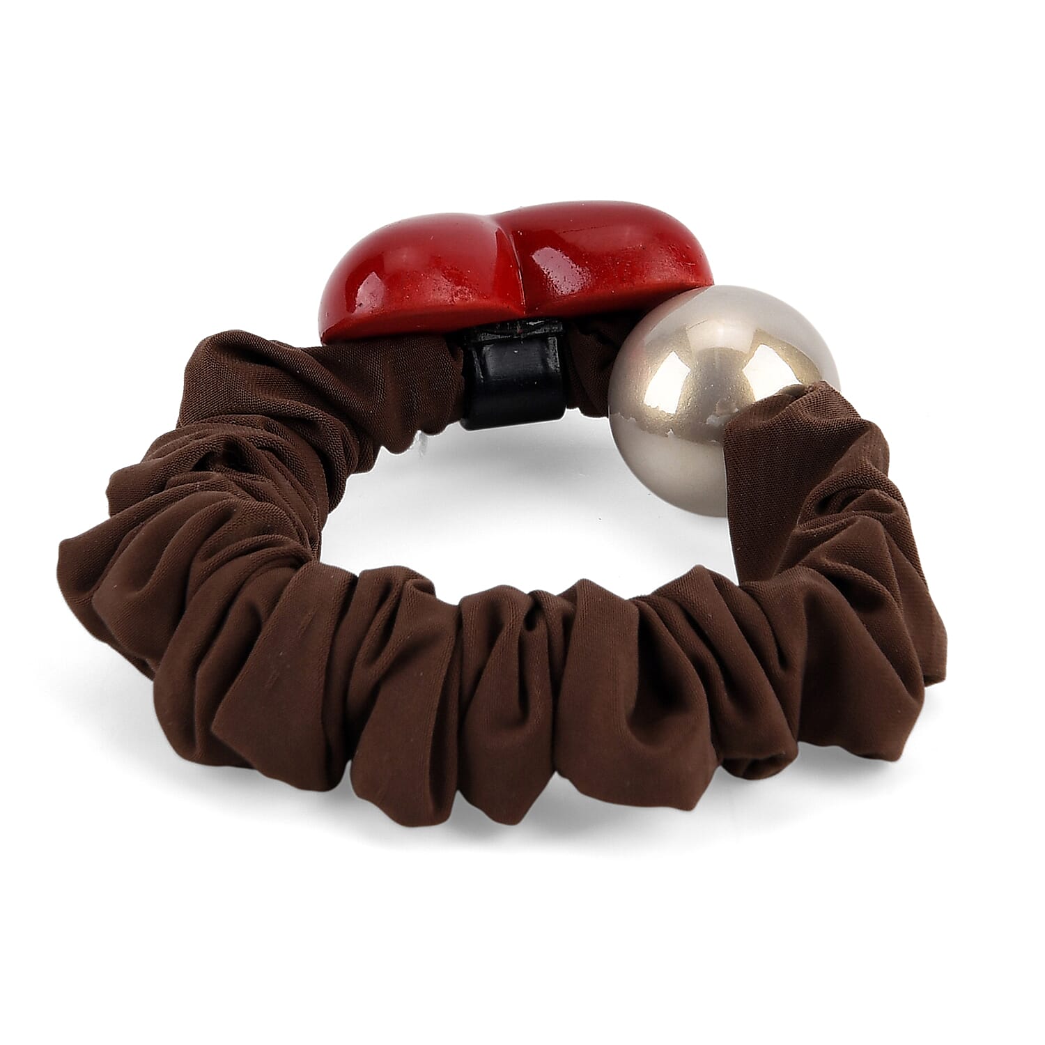 2-Piece Hair Tie Set - Red Heart Hair Claw & Pearl Accent Scrunchie - Brown