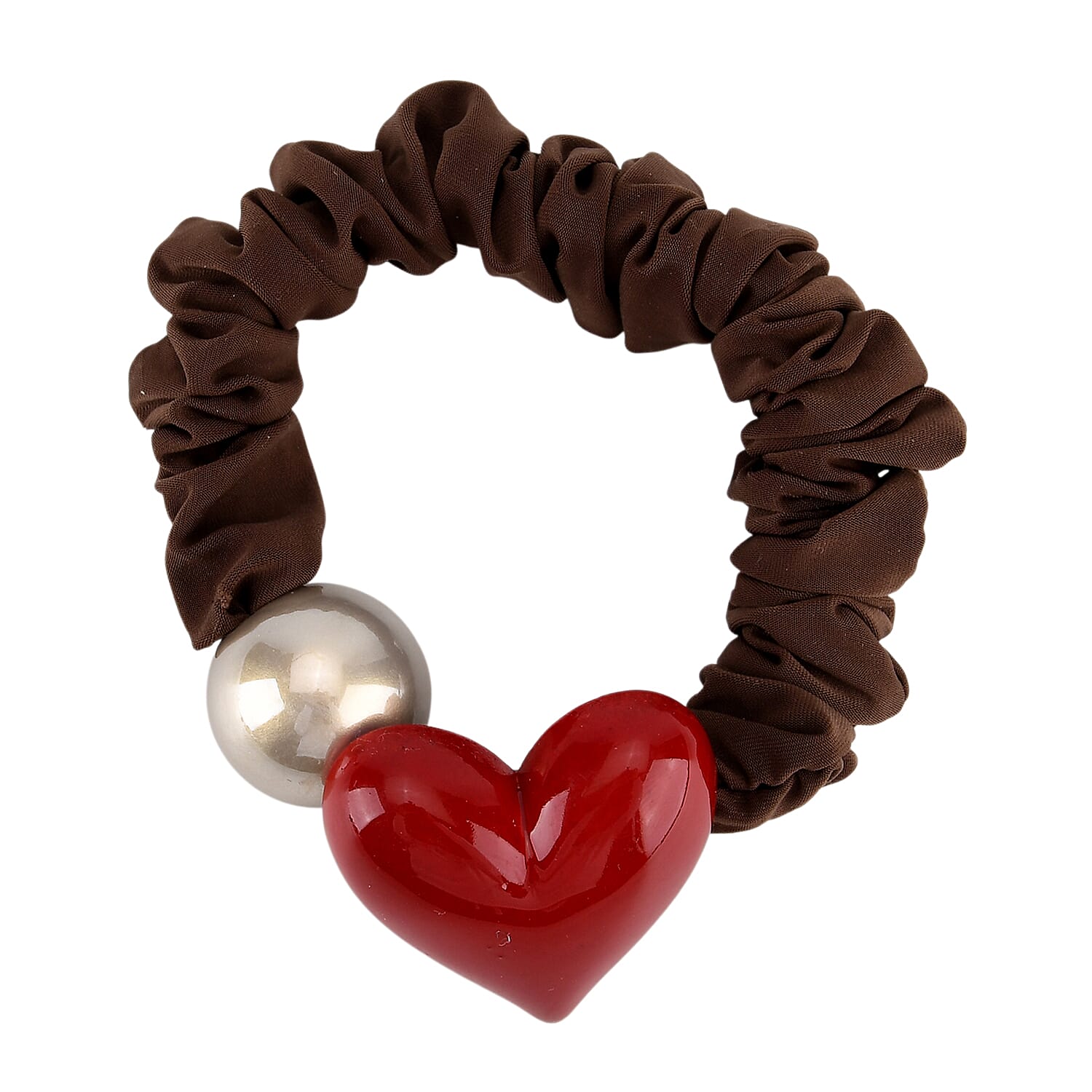 2-Piece Hair Tie Set - Red Heart Hair Claw & Pearl Accent Scrunchie - Brown