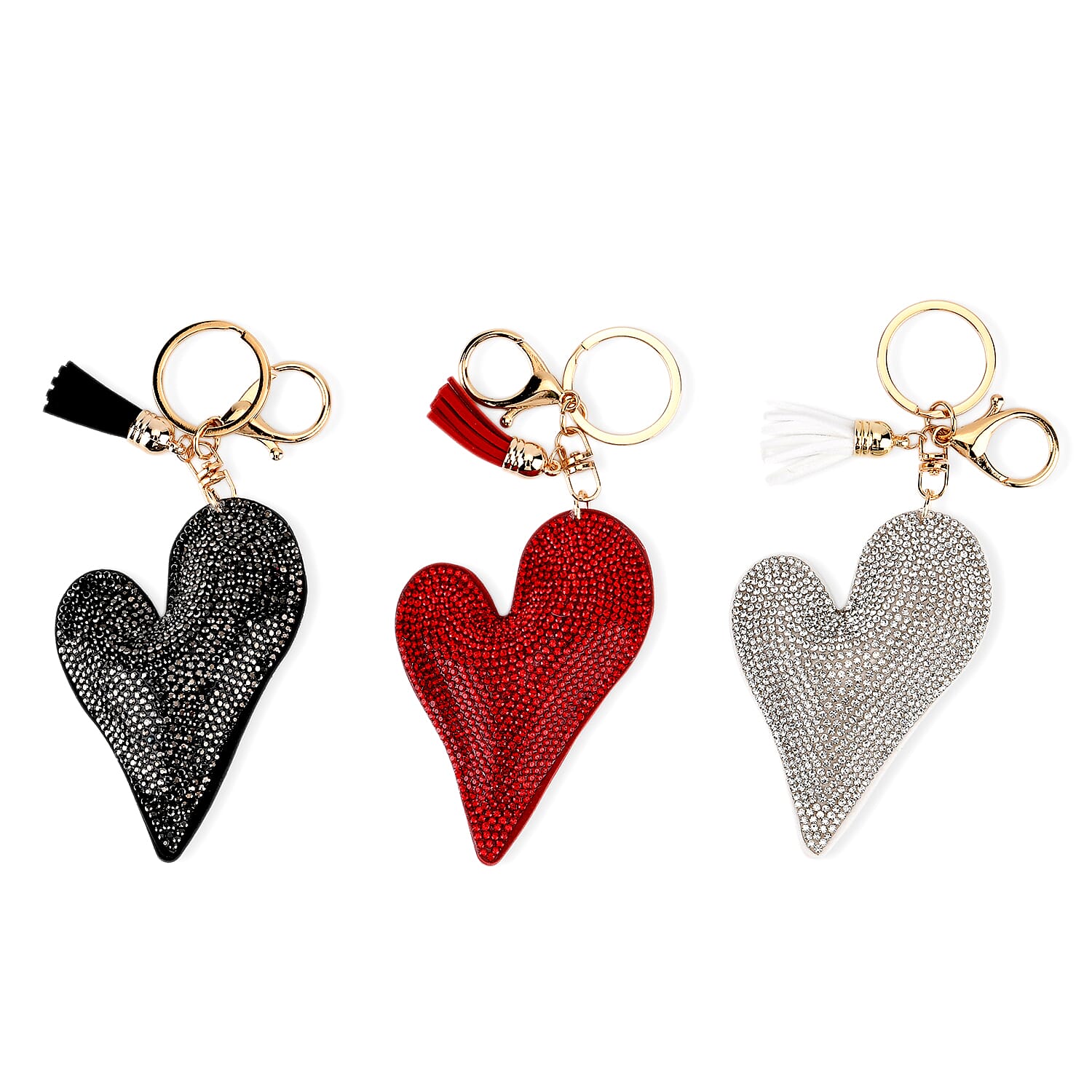 Set of 3 Rhinestone Heart Keychains - Red, White & Black