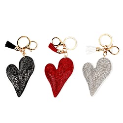 Set of 3 Rhinestone Heart Keychains - Red, Silver & Blue