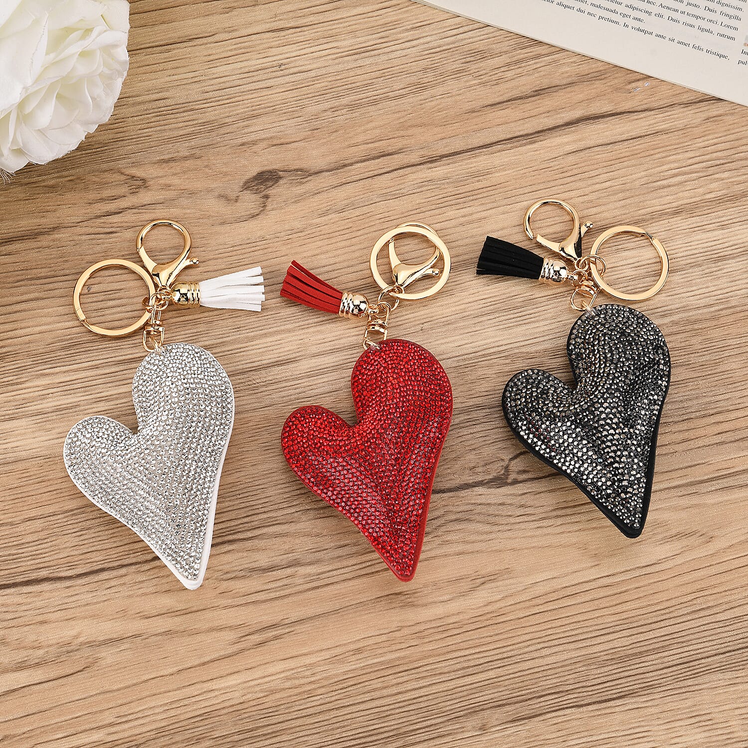 Set of 3 Rhinestone Heart Keychains - Red, White & Black