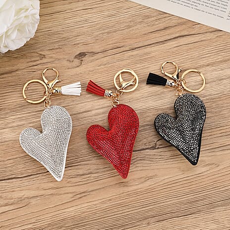 Set of 3 Rhinestone Heart Keychains - Red, White & Black