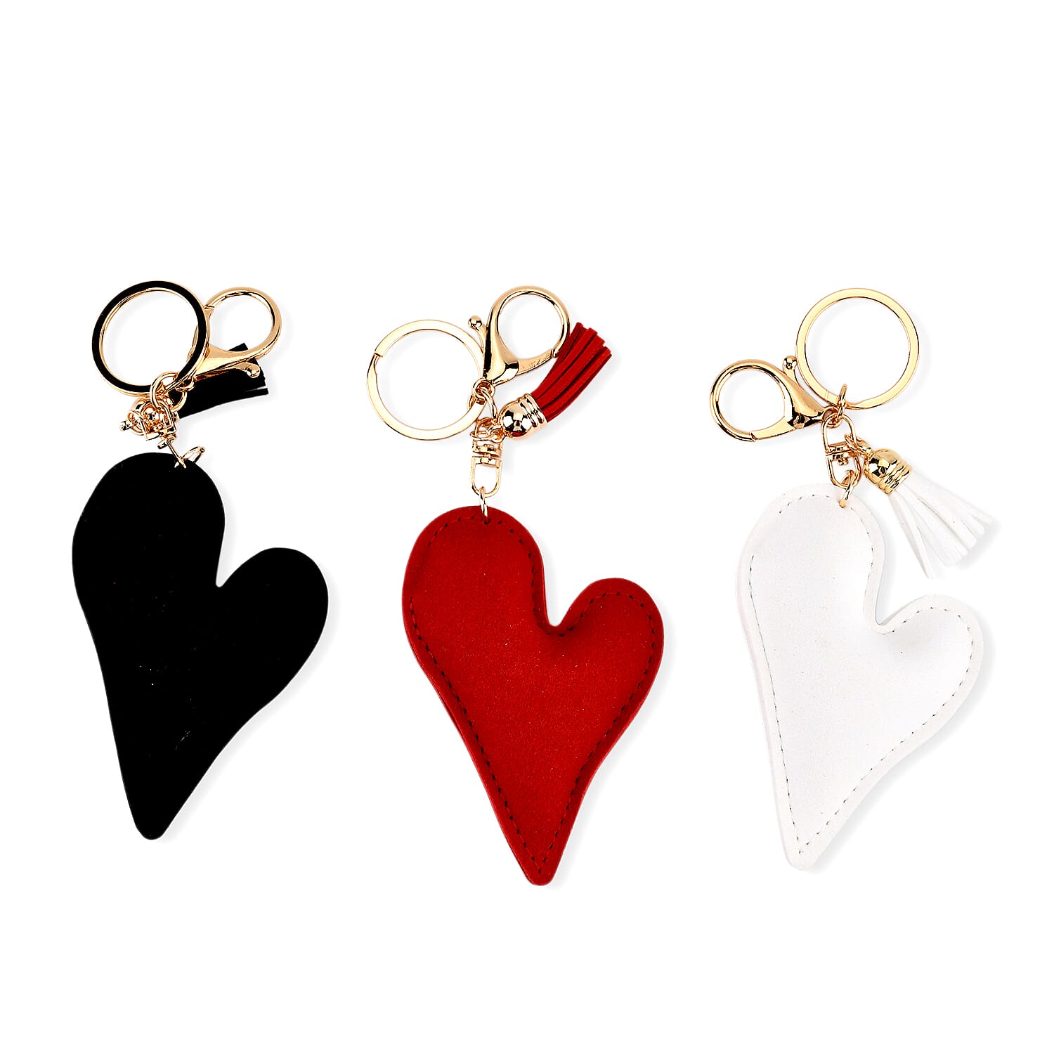 Set of 3 Rhinestone Heart Keychains - Red, White & Black