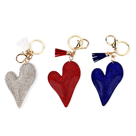 Set of 3 Rhinestone Heart Keychains - Red, Silver & Blue