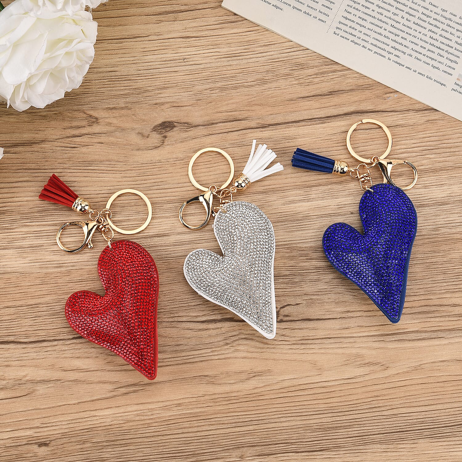 Set of 3 Rhinestone Heart Keychains - Red, Silver & Blue