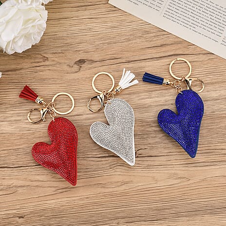 Set of 3 Rhinestone Heart Keychains - Red, Silver & Blue