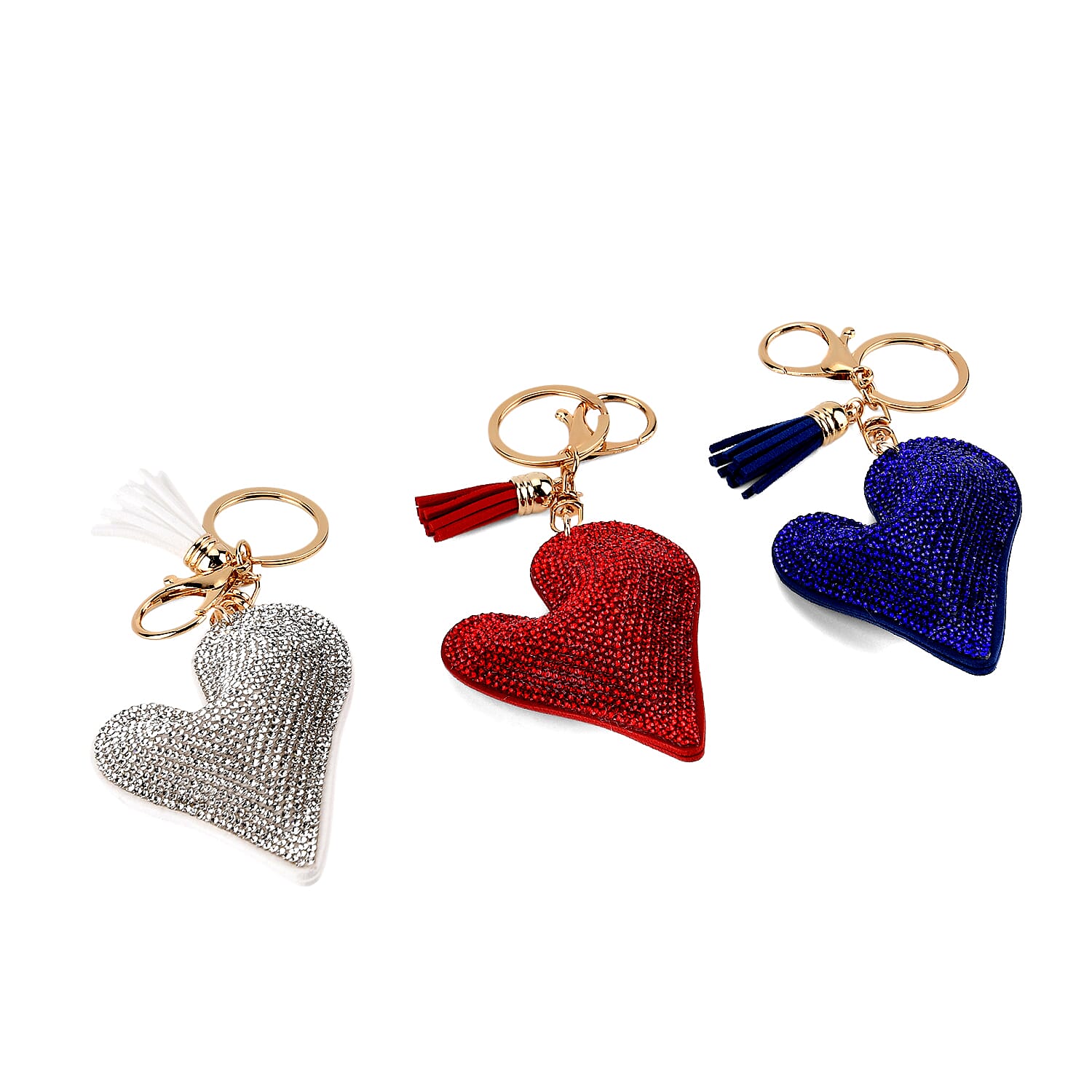 Set of 3 Rhinestone Heart Keychains - Red, Silver & Blue