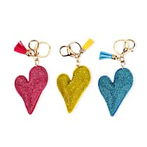 Set of 3 Rhinestone Heart Keychains - Pink, Yellow & Light Blue