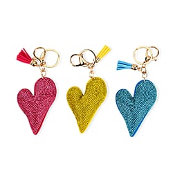 Set of 3 Rhinestone Heart Keychains - Red, Silver & Blue