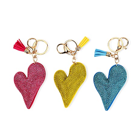 Set of 3 Rhinestone Heart Keychains - Pink, Yellow & Light Blue
