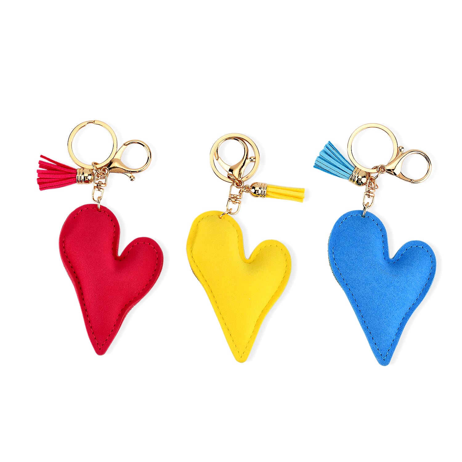 Set of 3 Rhinestone Heart Keychains - Pink, Yellow & Light Blue
