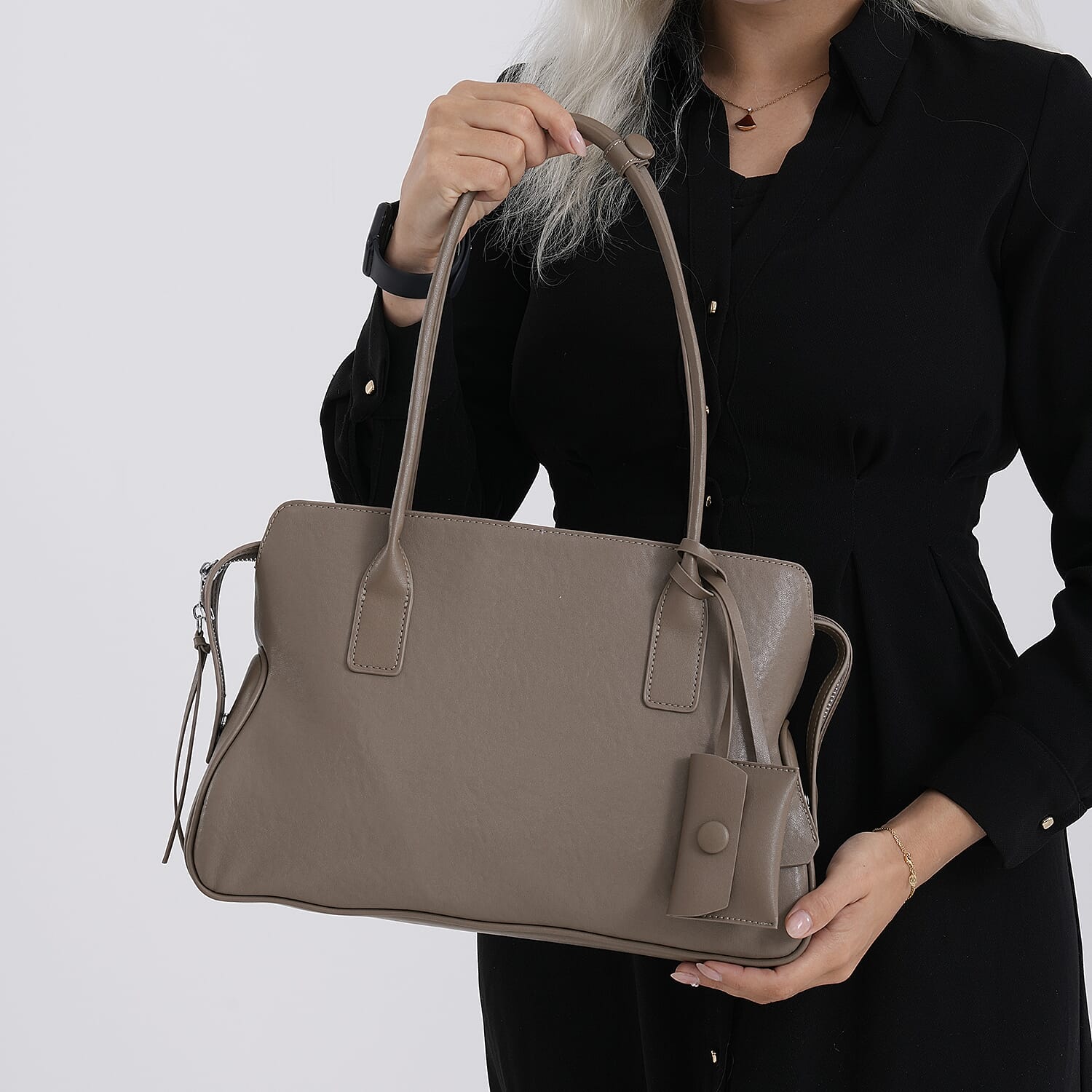 Premium Genuine Leather Everyday Shoulder Tote Bag - Khaki