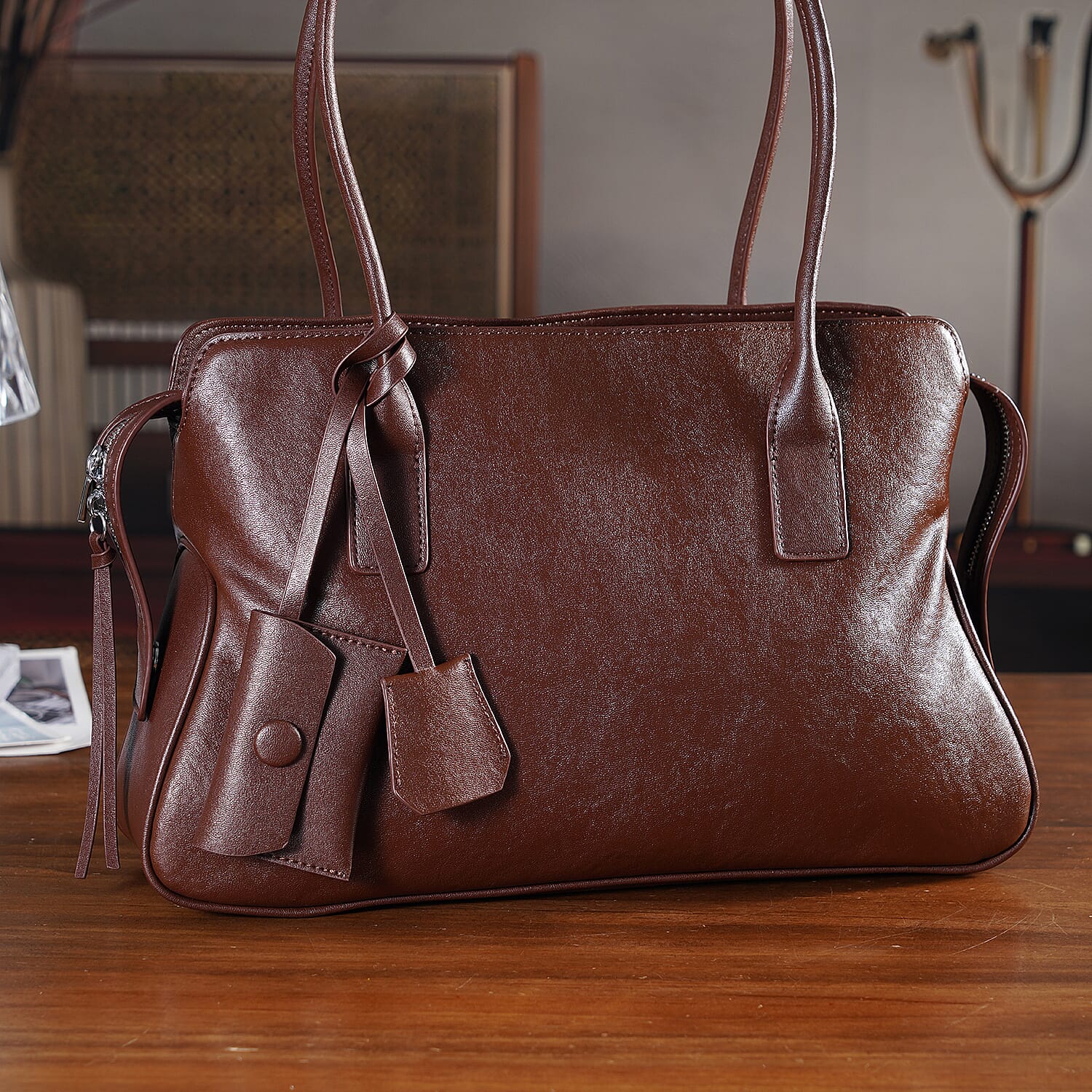 Premium Genuine Leather Everyday Shoulder Tote Bag - Chocolate Brown
