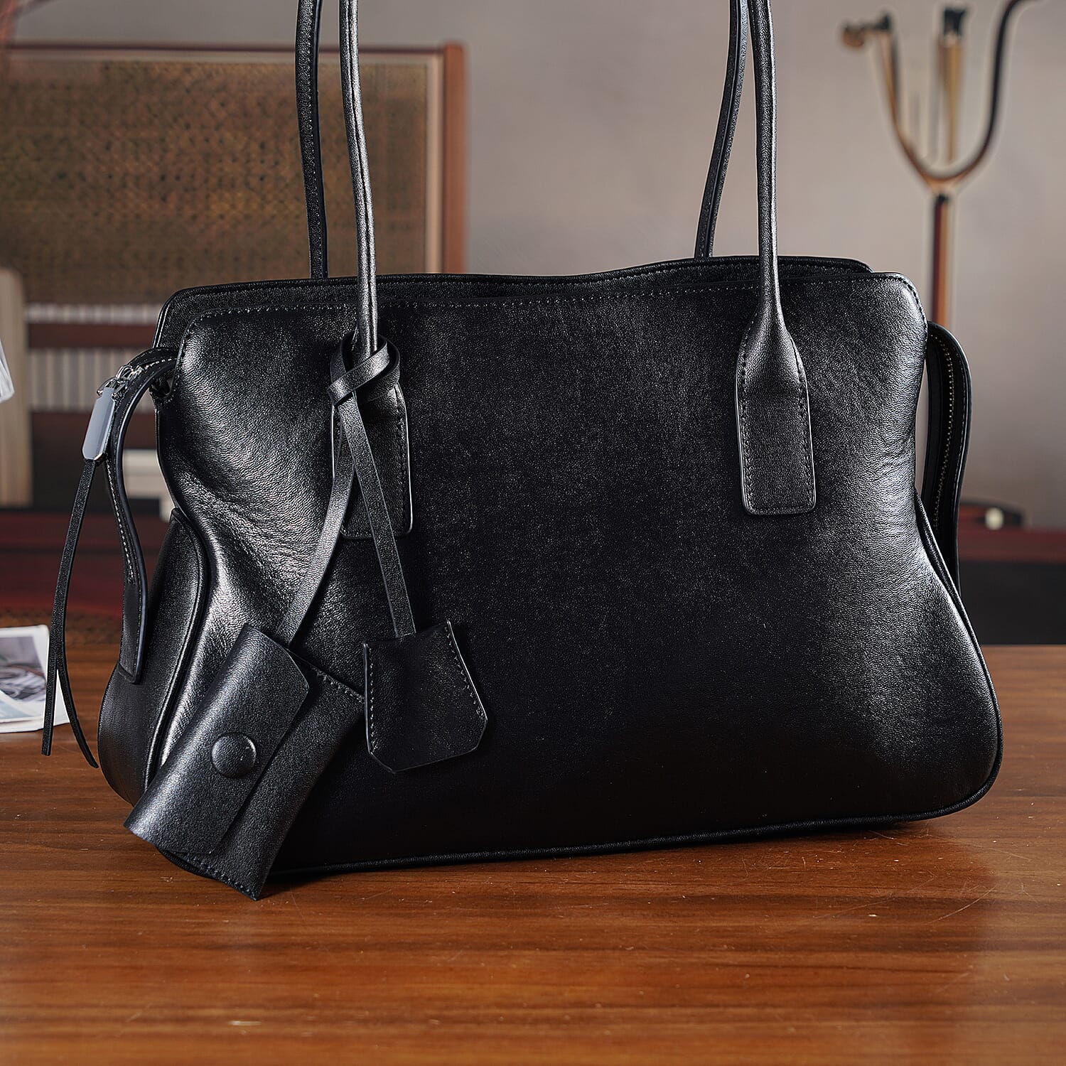 Premium Genuine Leather Everyday Shoulder Tote Bag - Black