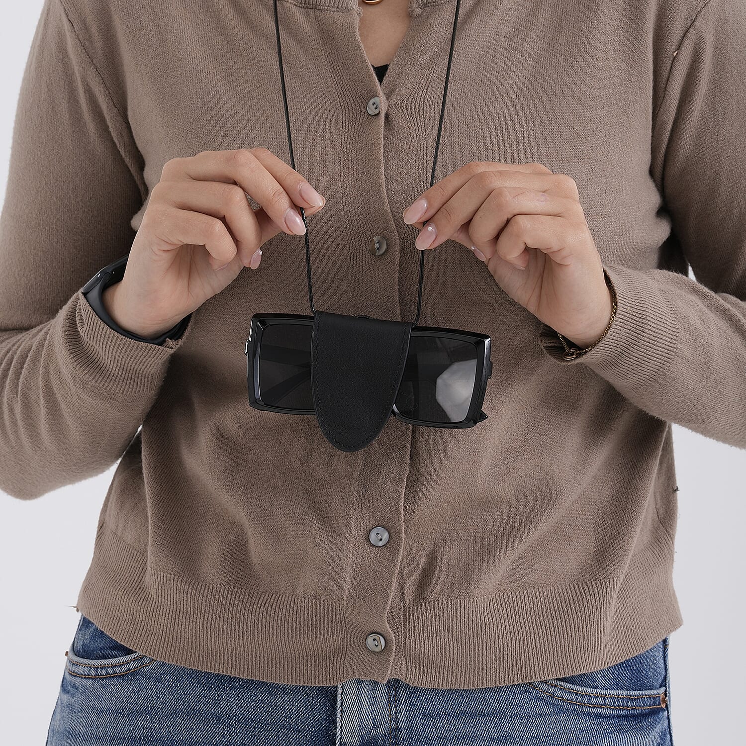 Genuine Leather Magnetic Sunglass Holder Strap - Black